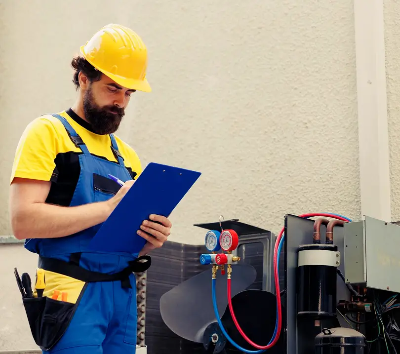 B and Z Heating & Air Conditioning HVAC technician documenting maintenance and diagnostic findings on an outdoor AC unit