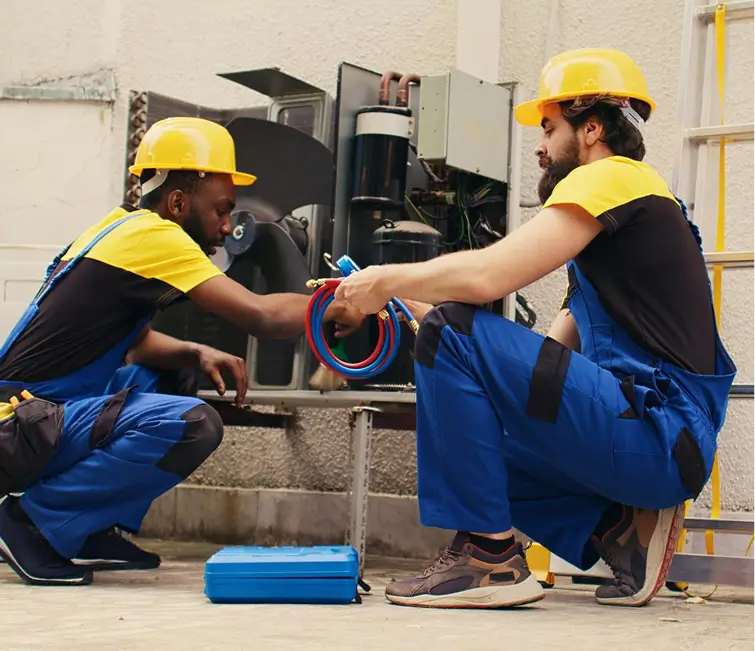 B and Z Heating & Air Conditioning HVAC technicians collaborating on professional equipment maintenance and refrigerant servicing