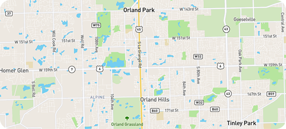 B and Z Heating & Air Conditioning HVAC service coverage map for Orland Park, Orland Hills, Tinley Park, and Homer Glen, Illinois